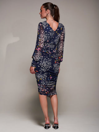 Long Sleeve Ruched Mesh Midi Dress, Navy Floral