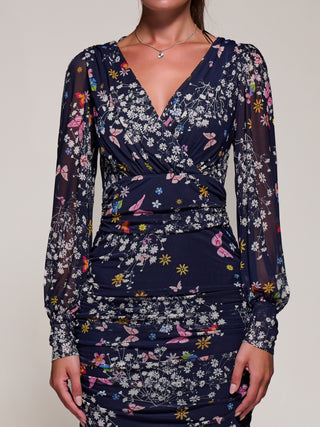 Long Sleeve Ruched Mesh Midi Dress, Navy Floral