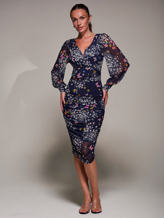 Long Sleeve Ruched Mesh Midi Dress, Navy Floral