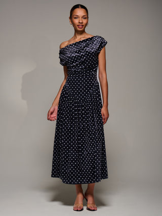 Cowl Neckline Draped Velvet Midaxi Dress, Black Polka Dot