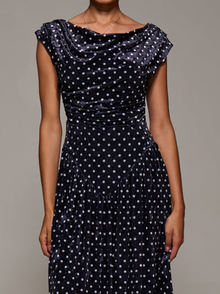 Cowl Neckline Draped Velvet Midaxi Dress, Black Polka Dot