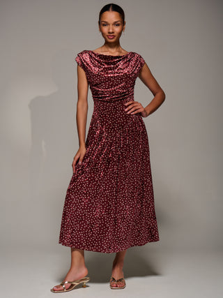 Cowl Neckline Draped Velvet Midaxi Dress, Burgundy Polka Dot