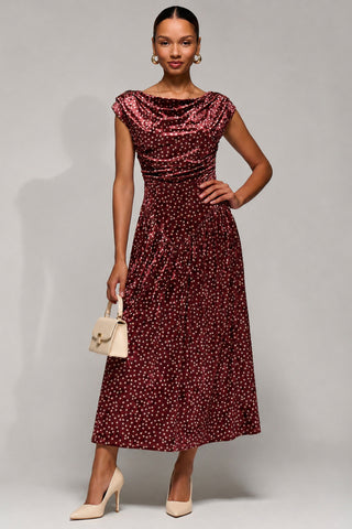 Cowl Neckline Draped Velvet Midaxi Dress, Burgundy Polka Dot