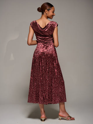 Cowl Neckline Draped Velvet Midaxi Dress, Burgundy Polka Dot