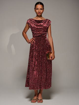 Cowl Neckline Draped Velvet Midaxi Dress, Burgundy Polka Dot