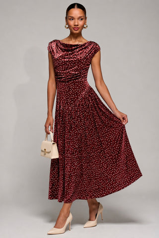 Cowl Neckline Draped Velvet Midaxi Dress, Burgundy Polka Dot