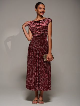 Cowl Neckline Draped Velvet Midaxi Dress, Burgundy Polka Dot