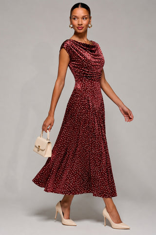 Cowl Neckline Draped Velvet Midaxi Dress, Burgundy Polka Dot