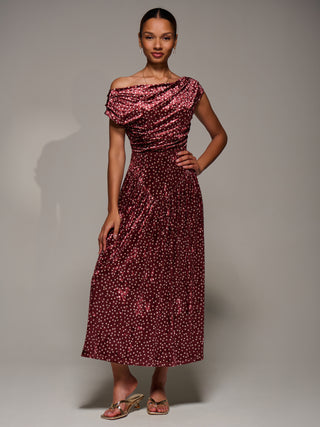 Cowl Neckline Draped Velvet Midaxi Dress, Burgundy Polka Dot
