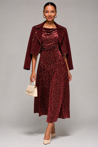 Cowl Neckline Draped Velvet Midaxi Dress, Burgundy Polka Dot