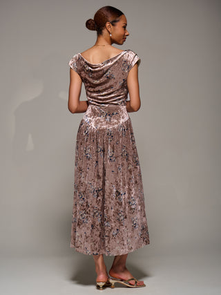 Cowl Neckline Draped Velvet Midaxi Dress, Neutral Floral