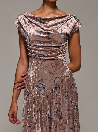 Cowl Neckline Draped Velvet Midaxi Dress, Neutral Floral