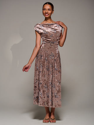 Cowl Neckline Draped Velvet Midaxi Dress, Neutral Floral