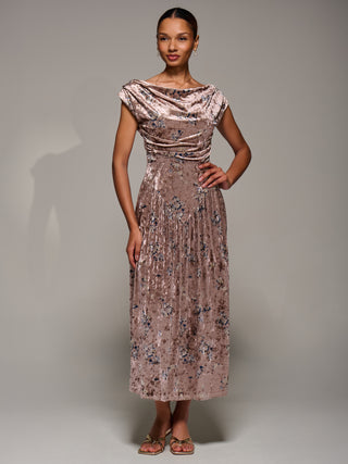 Cowl Neckline Draped Velvet Midaxi Dress, Neutral Floral