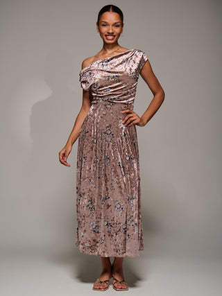 Cowl Neckline Draped Velvet Midaxi Dress, Neutral Floral