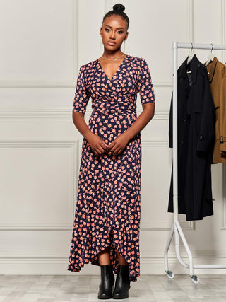 Print Viscose Frill Hem Maxi Dress, Navy Floral