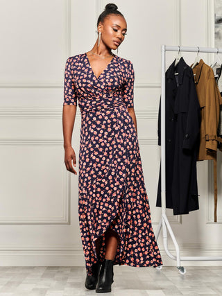 Print Viscose Frill Hem Maxi Dress, Navy Floral