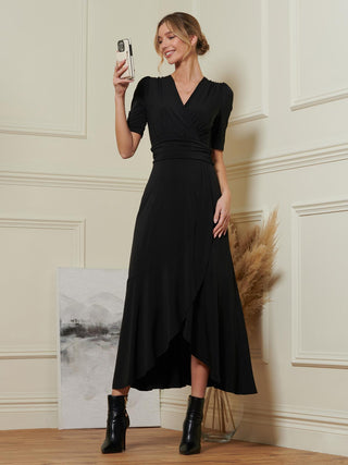 Wrap Front Frill Hem Maxi Dress, Black