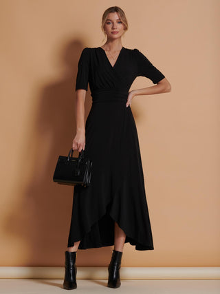 Wrap Front Frill Hem Maxi Dress, Black