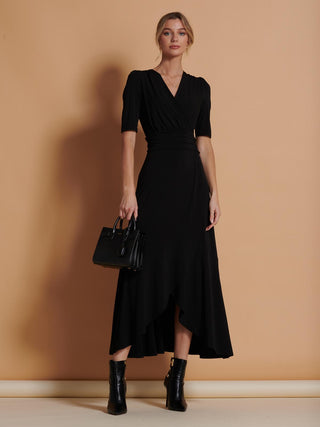 Wrap Front Frill Hem Maxi Dress, Black