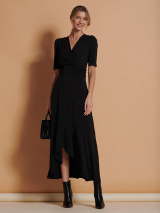Wrap Front Frill Hem Maxi Dress, Black