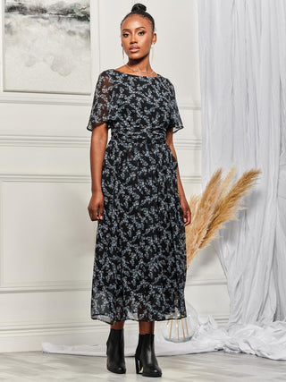 Angel Sleeve Chiffon Maxi Dress, Black Ditsy