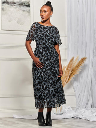 Angel Sleeve Chiffon Maxi Dress, Black Ditsy