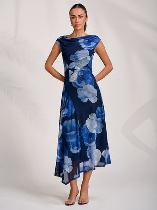 Asymmetric Draped Mesh Midaxi Dress, Blue Floral