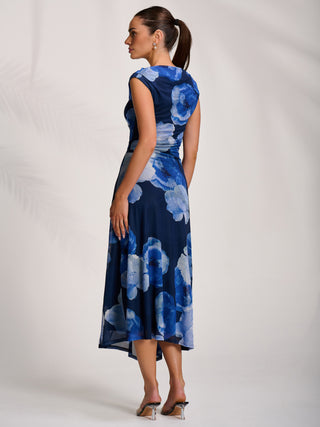 Asymmetric Draped Mesh Midaxi Dress, Blue Floral