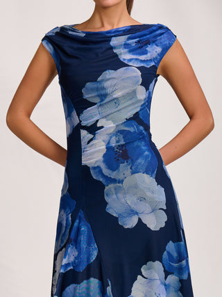 Asymmetric Draped Mesh Midaxi Dress, Blue Floral