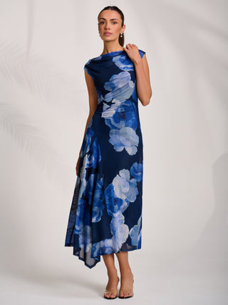 Asymmetric Draped Mesh Midaxi Dress, Blue Floral