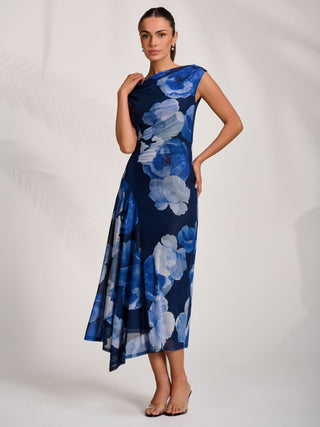 Asymmetric Draped Mesh Midaxi Dress, Blue Floral