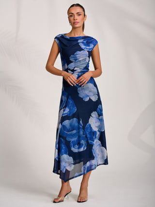 Asymmetric Draped Mesh Midaxi Dress, Blue Floral