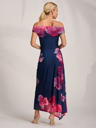 Asymmetric Draped Mesh Midaxi Dress, Fuchsia Floral