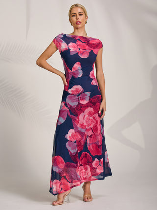 Asymmetric Draped Mesh Midaxi Dress, Fuchsia Floral