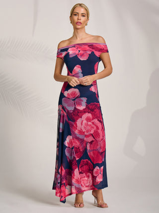 Asymmetric Draped Mesh Midaxi Dress, Fuchsia Floral