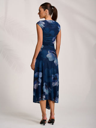 Asymmetric Draped Mesh Midaxi Dress, Navy Floral
