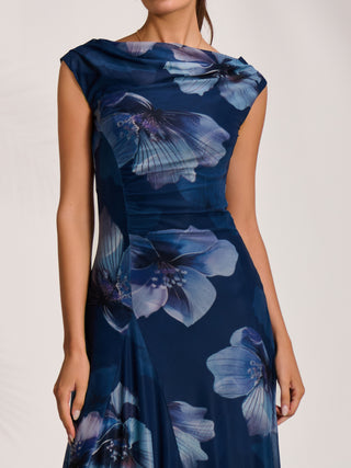 Asymmetric Draped Mesh Midaxi Dress, Navy Floral