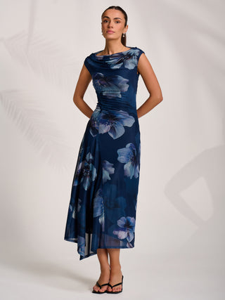 Asymmetric Draped Mesh Midaxi Dress, Navy Floral