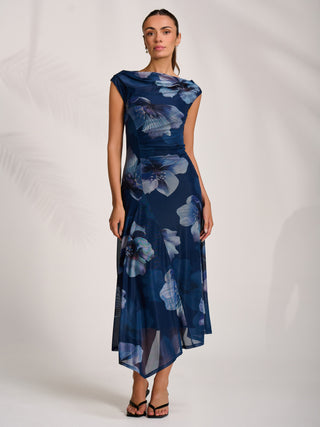 Asymmetric Draped Mesh Midaxi Dress, Navy Floral
