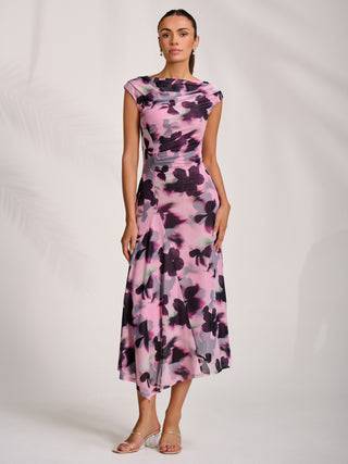 Asymmetric Draped Mesh Midaxi Dress, Pink Abstract