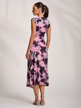 Asymmetric Draped Mesh Midaxi Dress, Pink Abstract
