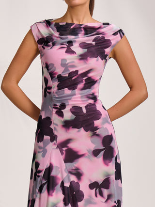 Asymmetric Draped Mesh Midaxi Dress, Pink Abstract