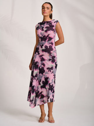 Asymmetric Draped Mesh Midaxi Dress, Pink Abstract