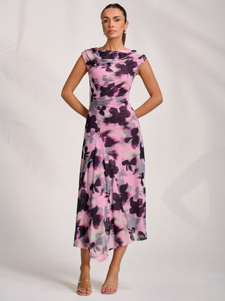 Asymmetric Draped Mesh Midaxi Dress, Pink Abstract