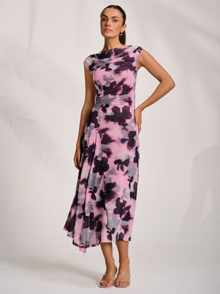 Asymmetric Draped Mesh Midaxi Dress, Pink Abstract