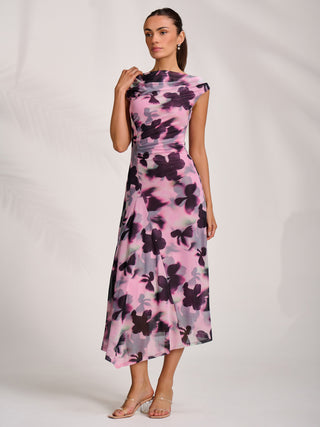 Asymmetric Draped Mesh Midaxi Dress, Pink Abstract