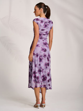 Asymmetric Draped Mesh Midaxi Dress, Purple Floral