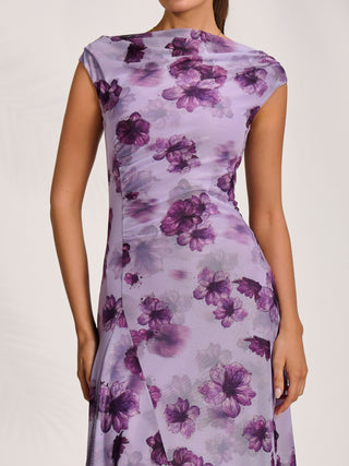 Asymmetric Draped Mesh Midaxi Dress, Purple Floral