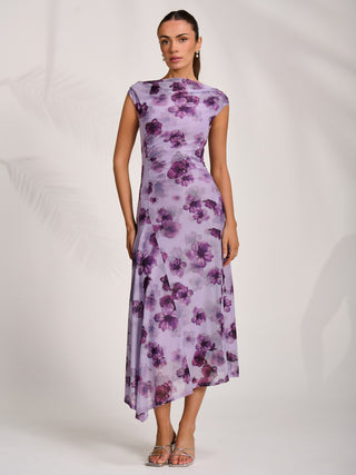 Asymmetric Draped Mesh Midaxi Dress, Purple Floral
